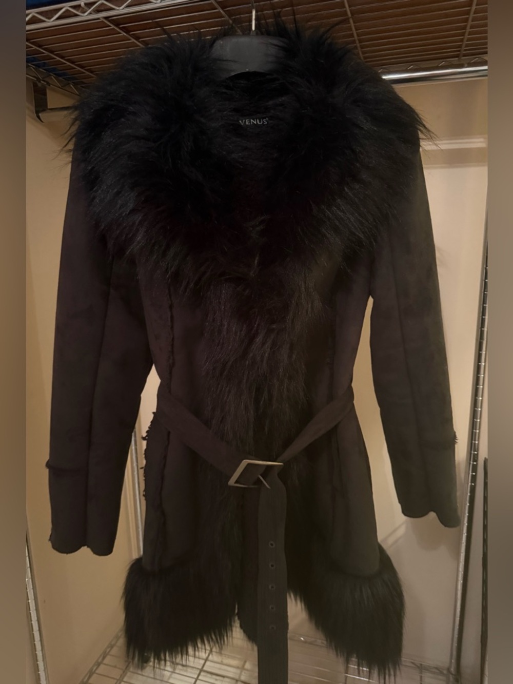 VENUS Black Faux Suede Faux Fur Trim Belted Trench w/ Sherpa Lining